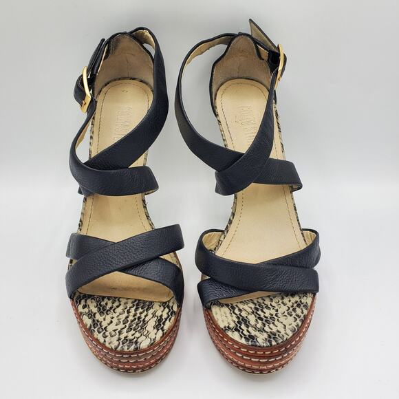 Colin Stuart Leather Cross Strap Faux Snakeskin Stacked Platform Heel Sandal - Picture 2 of 10